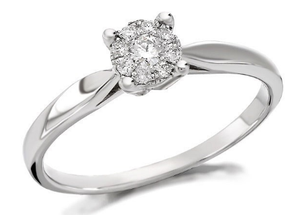 A diamond ring with a white background
Description automatically generated